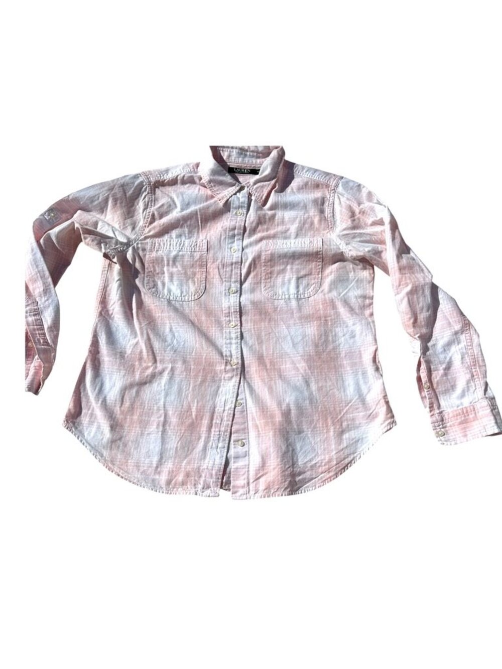Lauren Ralph Lauren Pink Plaid Button Up Shirt XL Cotton Convertible Roll Tab - Picture 2 of 9